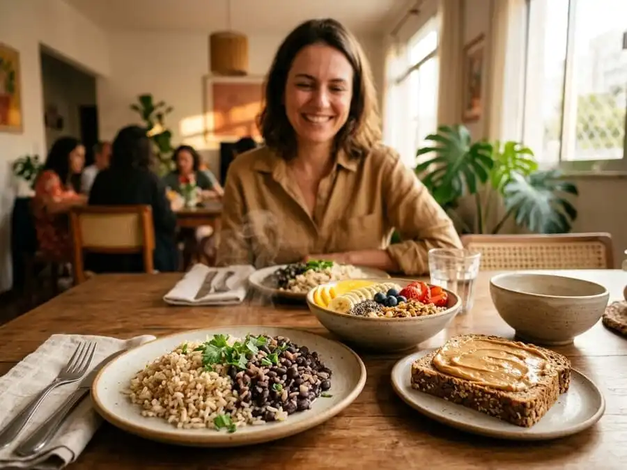 Refeição brasileira com arroz integral, pão integral verdadeiro e aveia com frutas, pessoa sorrindo ao fundo, luz dourada do fim de tarde, simbolizando benefícios reais de saciedade, equilíbrio glicêmico e saúde intestinal.