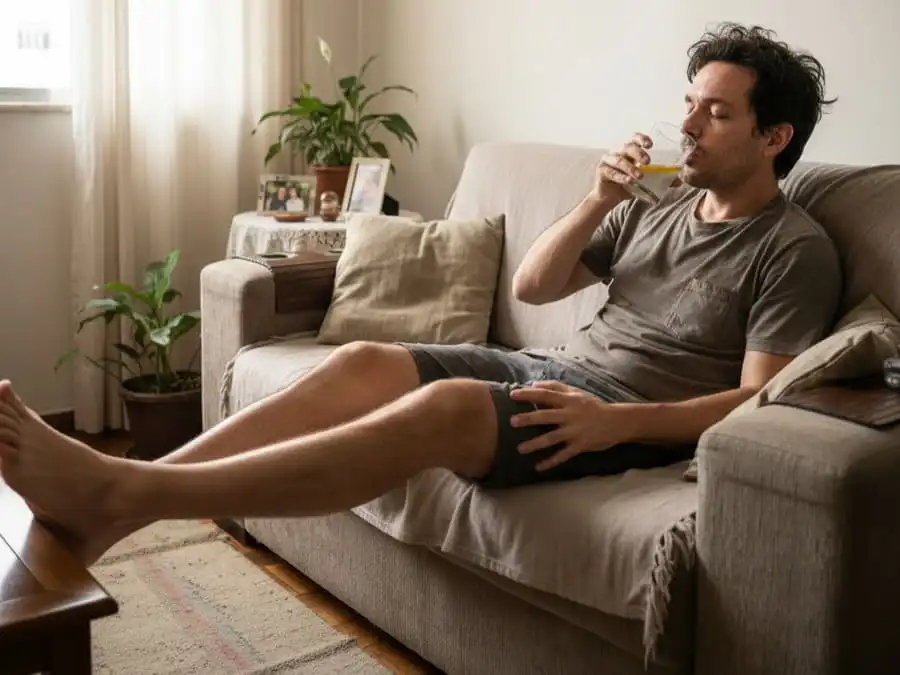 Pessoa descansando e bebendo água durante recuperação de ressaca, luz natural, simbolizando autocuidado e prioridade ao repouso.