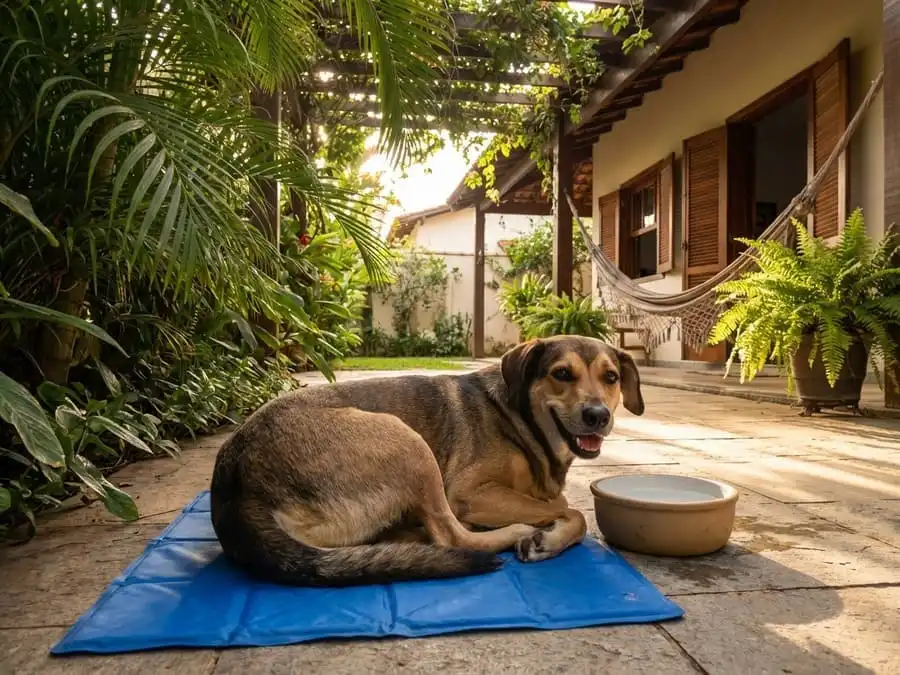 Pet relaxado e feliz em ambiente fresco com água e sombra, tutor cuidando ao fundo, luz natural suave, simbolizando proteção amorosa contra calor extremo.
