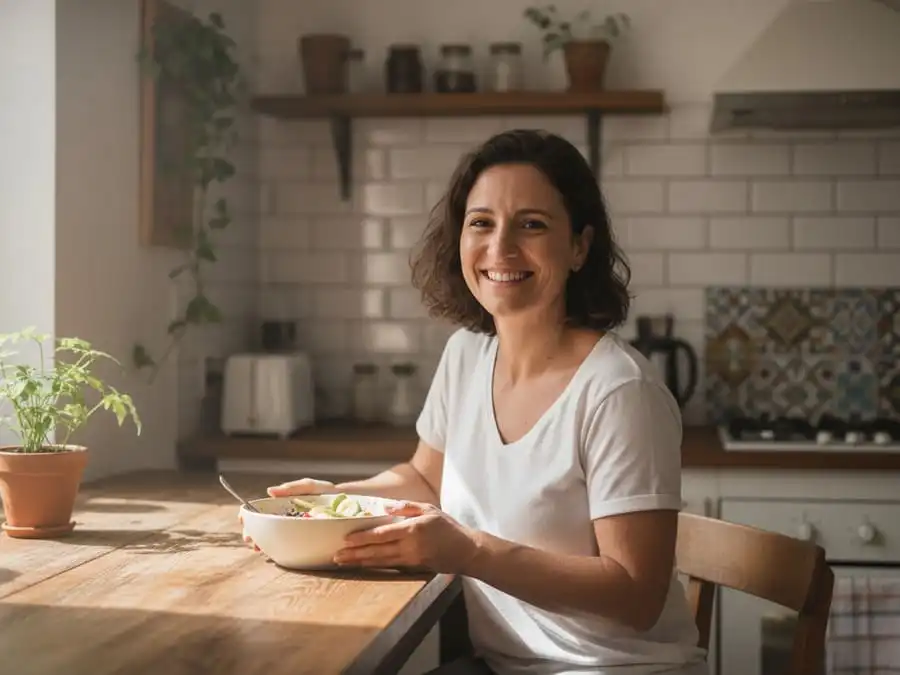 Pessoa com energia e satisfação após refeição saciante, prato com restos de aveia e frutas, luz natural, simbolizando controle natural do apetite.