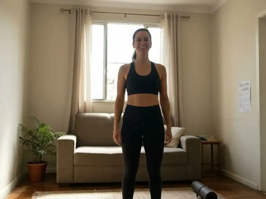 Pessoa após treino de calistenia em casa, com energia e satisfação, simbolizando progresso seguro para iniciantes.