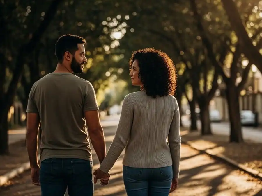 almas gêmeas. Casal caminhando de mãos dadas com cumplicidade e serenidade, luz dourada do fim de tarde em parque brasileiro, simbolizando amor construído e relacionamentos duradouros.