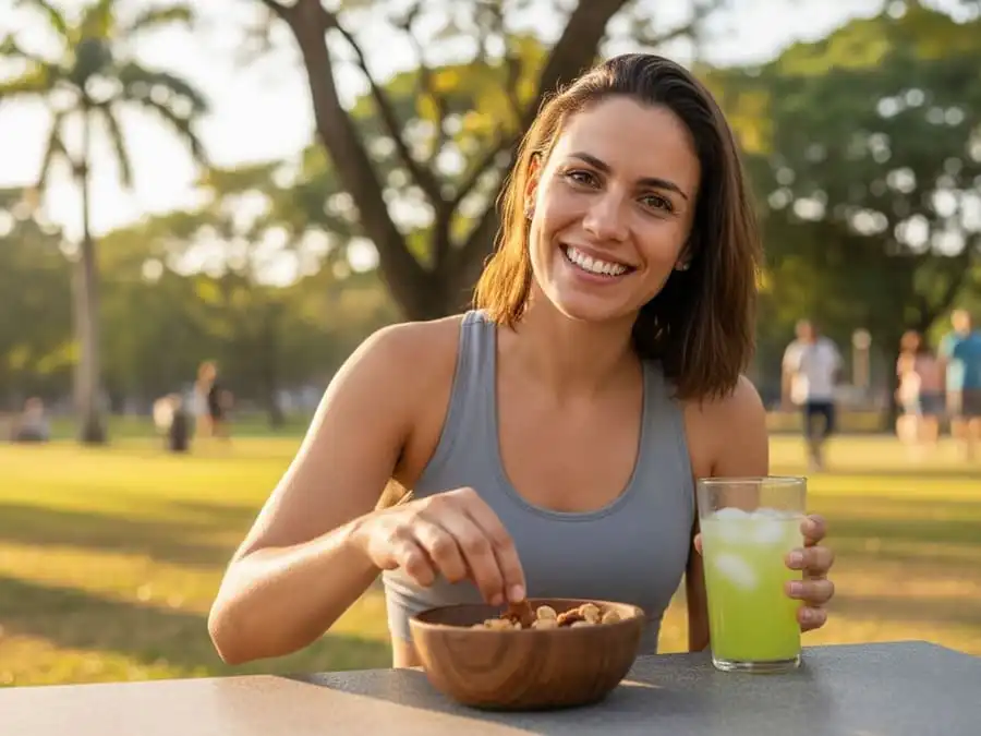 bebidas energéticas. Pessoa com energia natural bebendo água com limão e comendo frutas, luz suave do fim de tarde, simbolizando alternativas saudáveis e moderação ao consumo de energéticos.