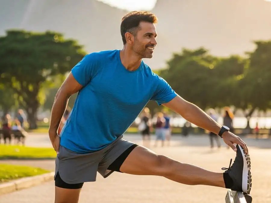 Pessoa treinando com roupa adequada, conforto e confiança, luz natural suave, simbolizando benefícios reais da escolha consciente na vestimenta esportiva.