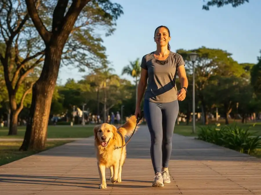 Pessoa acima de 50 anos caminhando com vitalidade e alegria em parque, simbolizando benefícios a longo prazo do exercício físico.