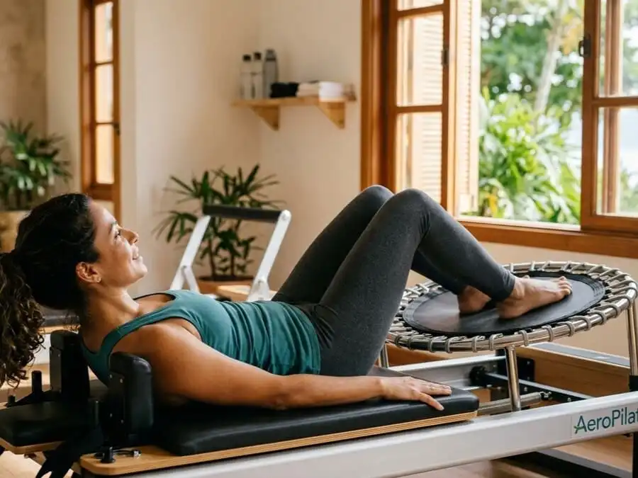 Pessoa praticando AeroPilates na plataforma de rebote, movimento fluido e expressão de leveza, luz natural suave de estúdio brasileiro, simbolizando sensação de voo e treino sem impacto.
