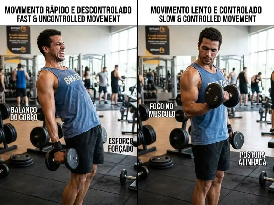 Comparação lado a lado: execução rápida e descontrolada vs execução lenta e controlada no treino, academia brasileira com luz clara, simbolizando impacto da cadência na segurança e nos ganhos musculares.