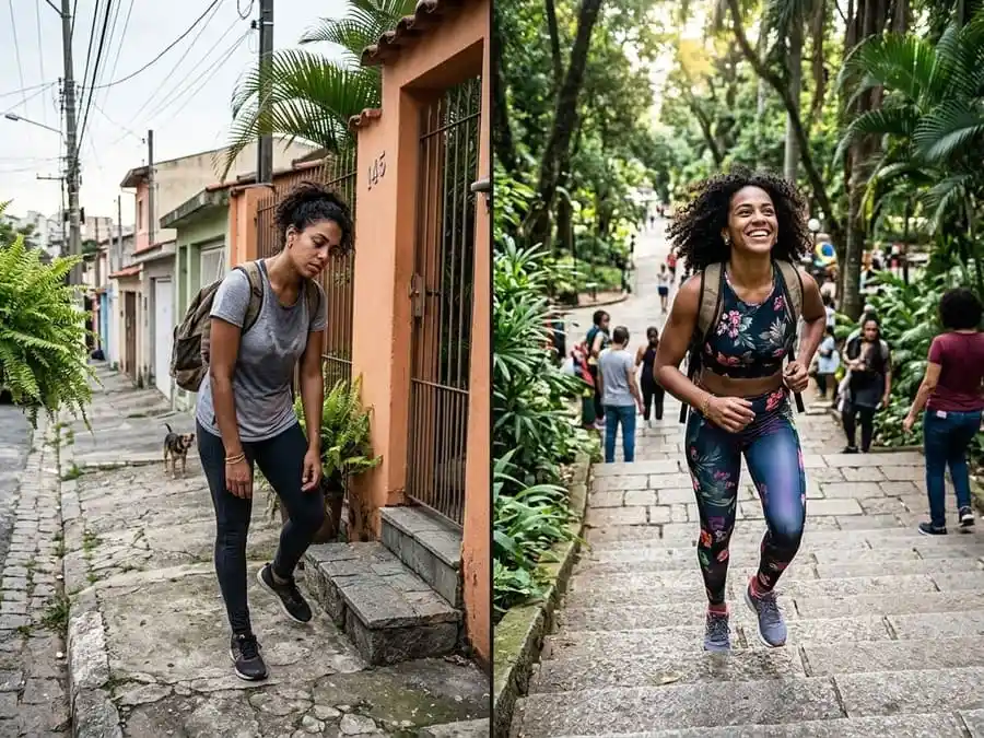 Comparação: pessoa cansada com pernas pesadas vs pessoa com energia e postura ereta caminhando, rua/parque brasileiro com luz natural, simbolizando transformação da resistência física.