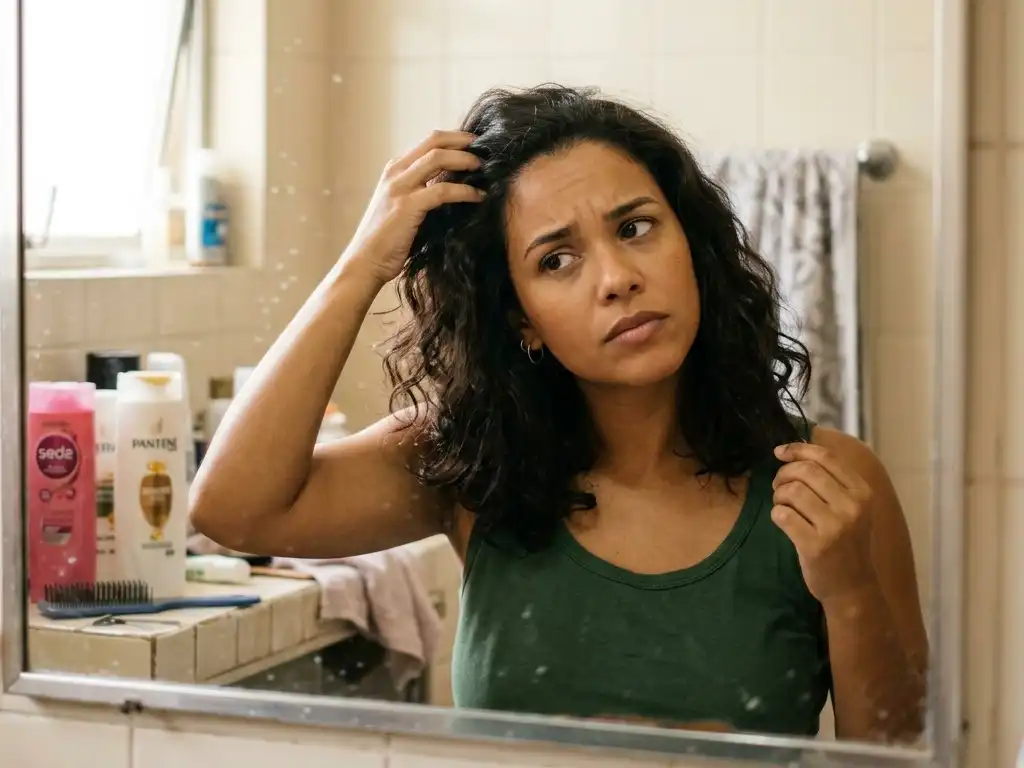 Pessoa em frente ao espelho do banheiro brasileiro olhando cabelo com dúvida, mão na raiz ou ponta, luz natural suave, simbolizando dilema comum sobre frequência de lavagem capilar.
