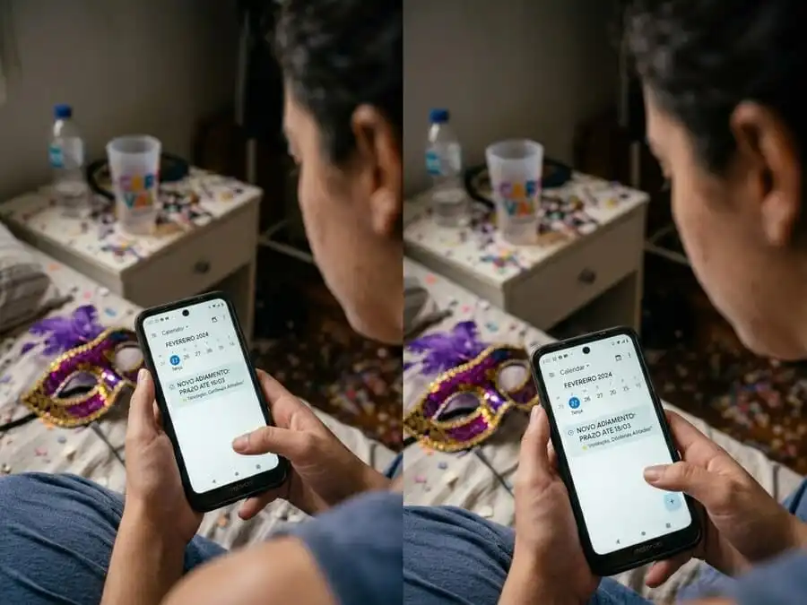 Pessoa refletindo com frustração olhando celular pós-Carnaval, elementos de festa desbotados ao fundo, luz natural suave de quarto brasileiro, simbolizando o ciclo de adiamento e a vontade de romper com ele.