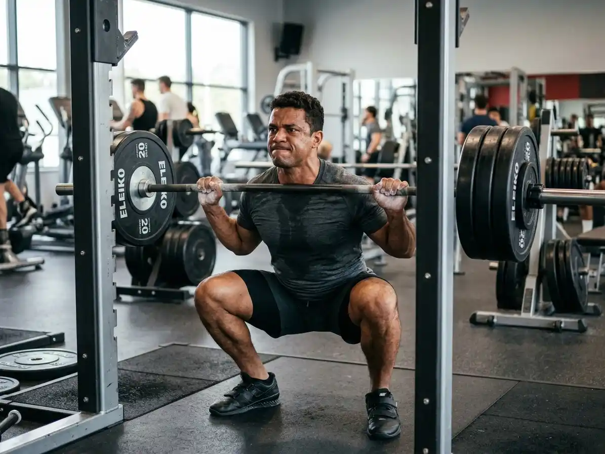 Homem realizando agachamento com barra na academia, ilustrando o estímulo hormonal da musculação para aumento de testosterona.