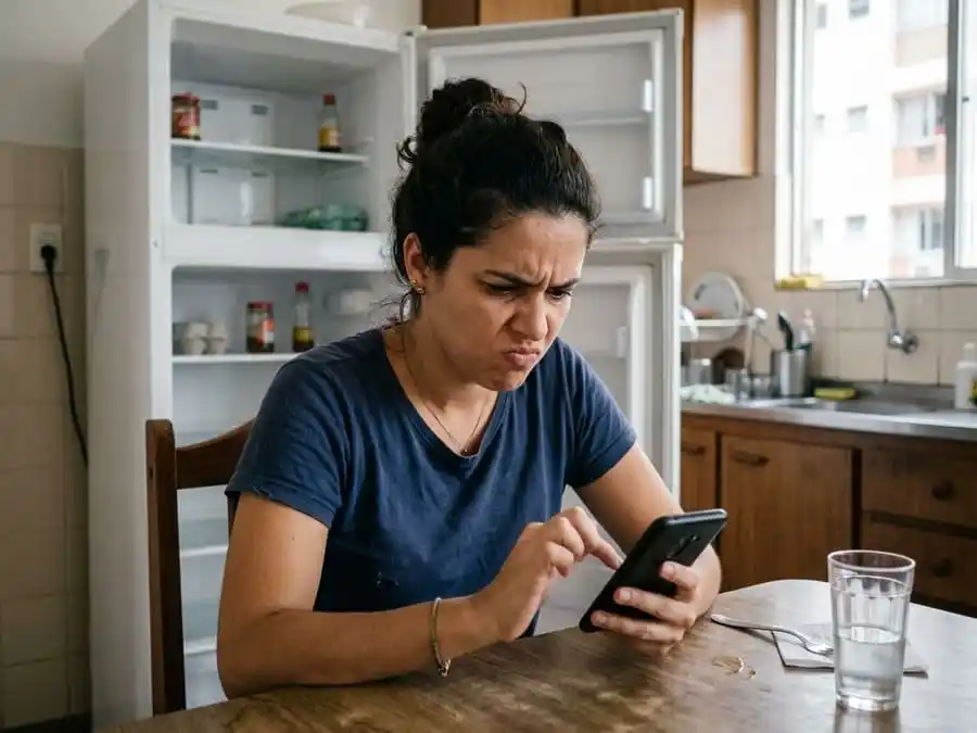 Pessoa com expressão irritada e frustrada em casa ou escritório brasileiro, luz natural, simbolizando o estado ‘hangry’ causado pela fome e irritabilidade.