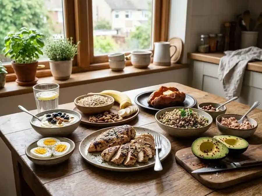 Mesa com alimentos para hipertrofia (ovos, frango, aveia, batata-doce, banana, abacate, nozes), cozinha brasileira com luz natural suave, simbolizando a base alimentar para ganho de massa muscular.