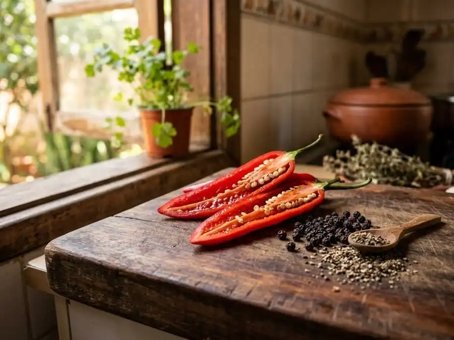 Pimenta malagueta cortada e pimenta-do-reino em grãos e pó sobre tábua de madeira, cozinha brasileira com luz natural suave, simbolizando promessas populares vs evidências científicas reais.