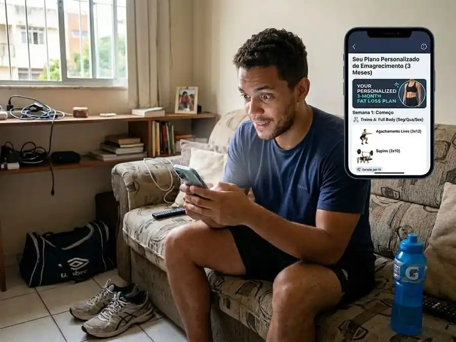Pessoa olhando para celular com plano de treino gerado por IA, expressão de curiosidade, ambiente brasileiro, simbolizando a promessa e os riscos do treino personalizado por inteligência artificial.