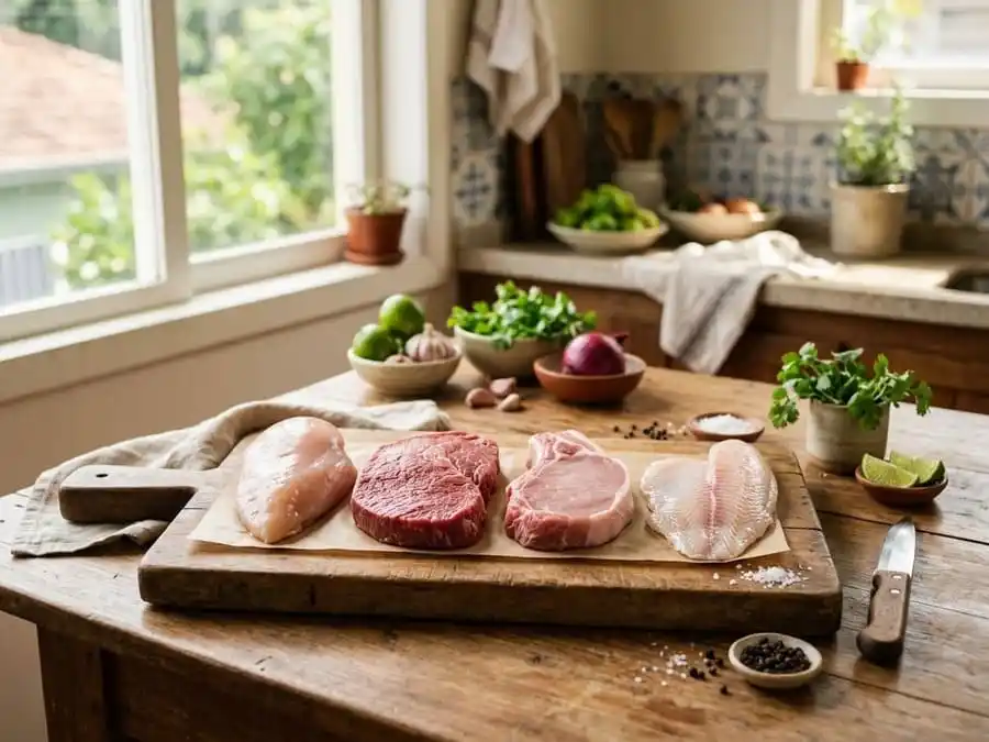 Cortes magros de frango, boi, porco e peixe lado a lado sobre mesa de cozinha brasileira com luz natural, ilustrando comparação de proteína na carne.