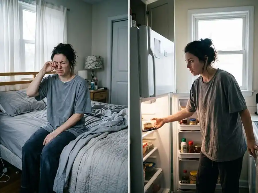 Pessoa acordando cansada e depois abrindo geladeira com fome descontrolada, quarto e cozinha brasileira com luz natural, simbolizando o impacto do sono insuficiente no apetite.