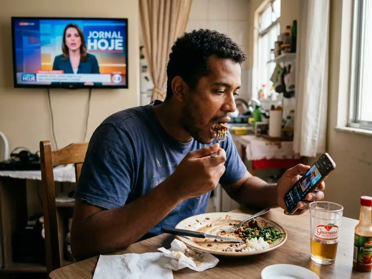 Pessoa comendo rapidamente à mesa com celular ou TV ao fundo, expressão distraída, luz natural em ambiente brasileiro, simbolizando o hábito comum de comer com pressa e suas consequências.
