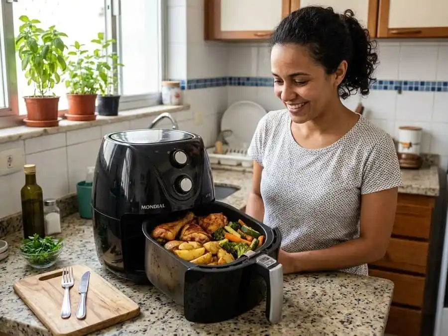 Air fryer aberta com alimentos dourados e saudáveis na cozinha brasileira, luz natural suave, simbolizando a promessa de fritura sem óleo e os benefícios para a saúde.