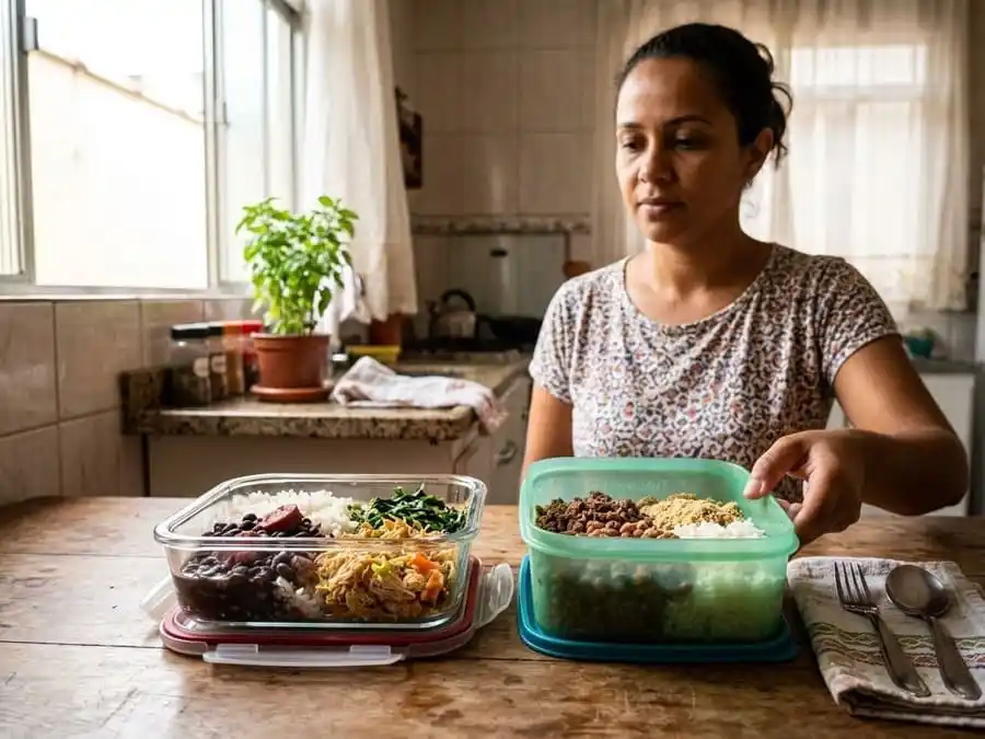 Duas marmitas lado a lado na mesa brasileira: uma de vidro transparente e outra de plástico, luz natural suave, simbolizando a comparação entre os materiais para armazenamento de comida.
