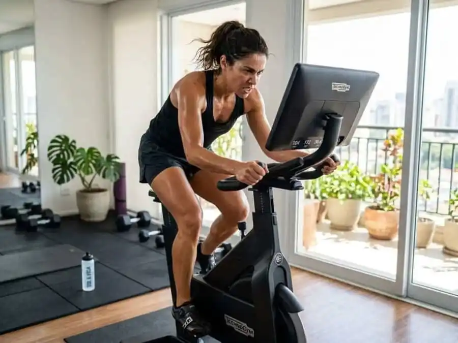 Pessoa pedalando com alta intensidade em bicicleta ergométrica, suor e esforço visível, academia ou casa brasileira com luz natural, representando o treino HIIT na bike para queimar gordura.