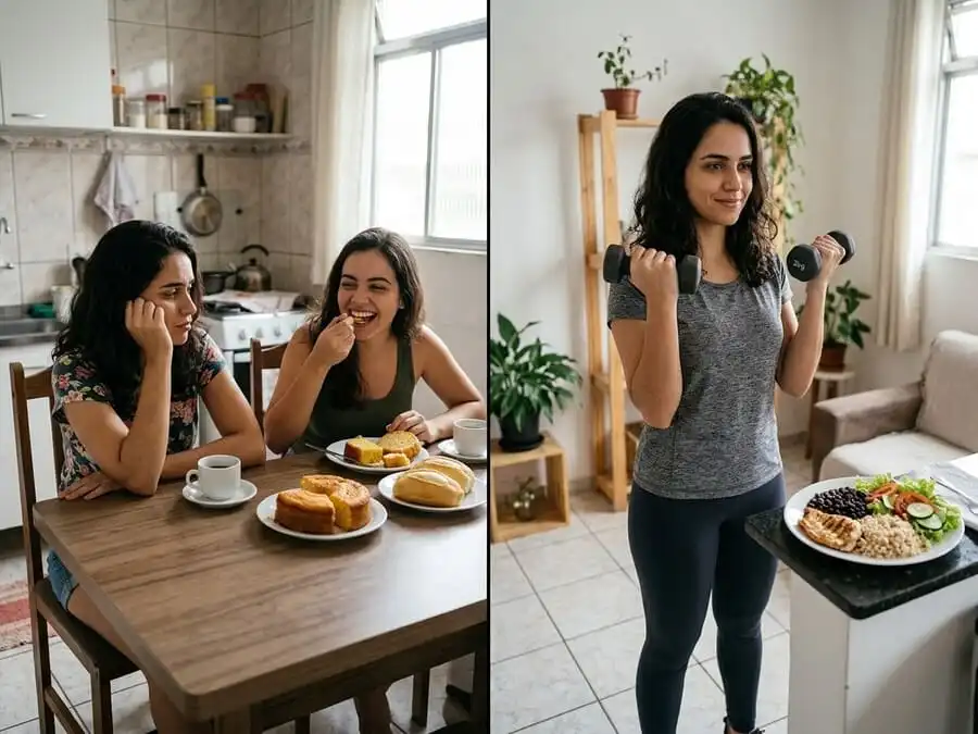 Comparação: pessoa frustrada vendo outra comer pão sem culpa vs pessoa ativa e equilibrada, cozinha/sala brasileira com luz natural suave, simbolizando mito do metabolismo acelerado vs realidade das escolhas.