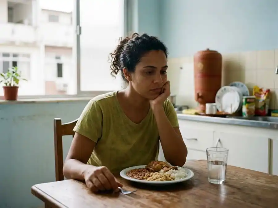 Pessoa sentada à mesa com expressão pensativa olhando para comida, luz natural suave em ambiente brasileiro, simbolizando o fenômeno do food noise e a obsessão alimentar constante.