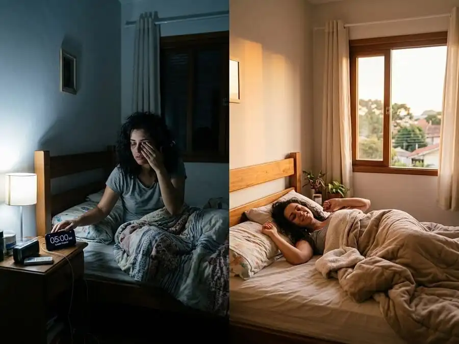 Comparação: despertar forçado às 5h com cansaço vs despertar natural com energia, quarto brasileiro com luz suave do sol, simbolizando mito do madrugar e importância do cronotipo.