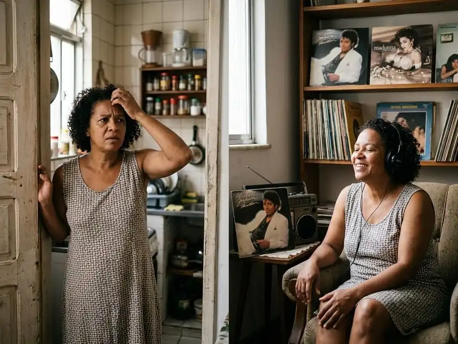 Comparação: pessoa confusa na porta tentando lembrar vs mesma pessoa sorrindo cantando música dos anos 80 com vinil ao fundo, sala brasileira com luz natural suave, simbolizando contraste entre esquecimento episódico e memória musical duradoura.
