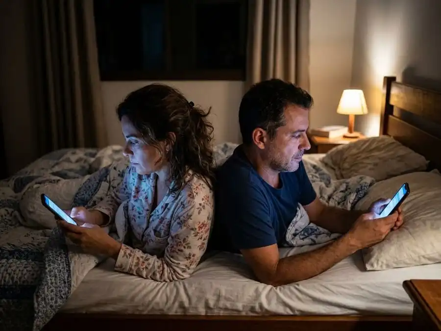 Foto de um casal deitado de costas um para o outro na cama, cada um olhando para o celular, representando a desconexão causada pelo uso excessivo de telas.