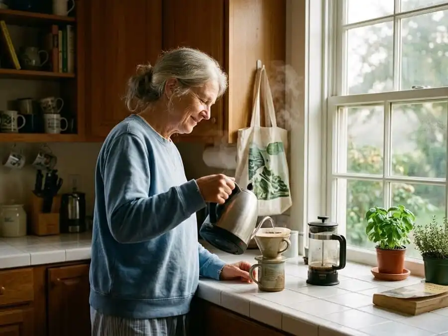 Pessoa madura sorrindo ao abrir janela ou preparar café com calma, luz suave da manhã em casa brasileira, simbolizando recomeço livre e aposentadoria ativa com propósito.