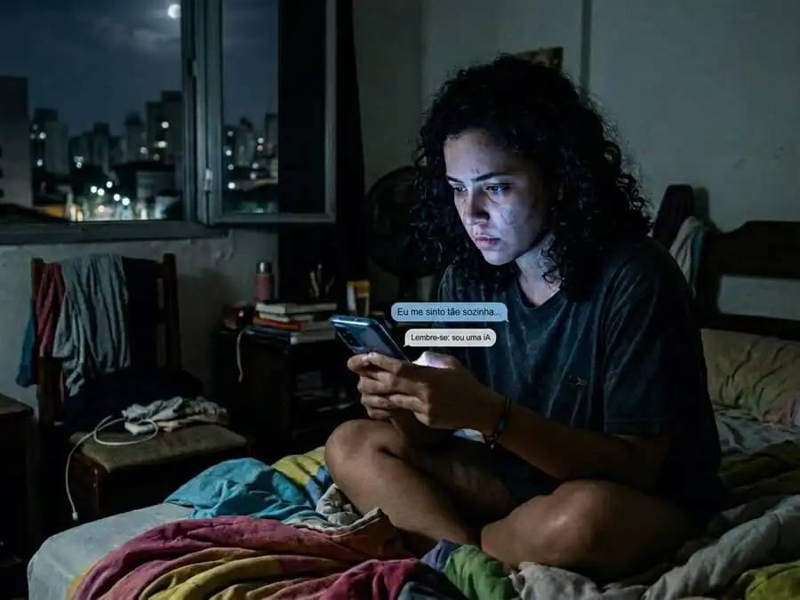 Pessoa sozinha à noite conversando com chatbot no celular, luz fria da tela no rosto, quarto brasileiro escuro, simbolizando solidão, ilusão de apoio e riscos éticos na saúde mental digital.