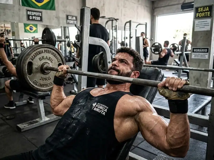 Close de pessoa controlando a descida lenta em exercício (fase excêntrica), músculos ativados e foco visível, luz clara, representando tempo sob tensão e execução correta para ganhos reais.