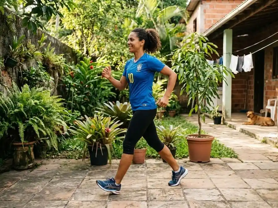 Pessoa praticando caminhada, prancha ou agachamento em casa ou parque brasileiro, luz natural, representando exercícios acessíveis para melhorar resistência aeróbica e muscular.
