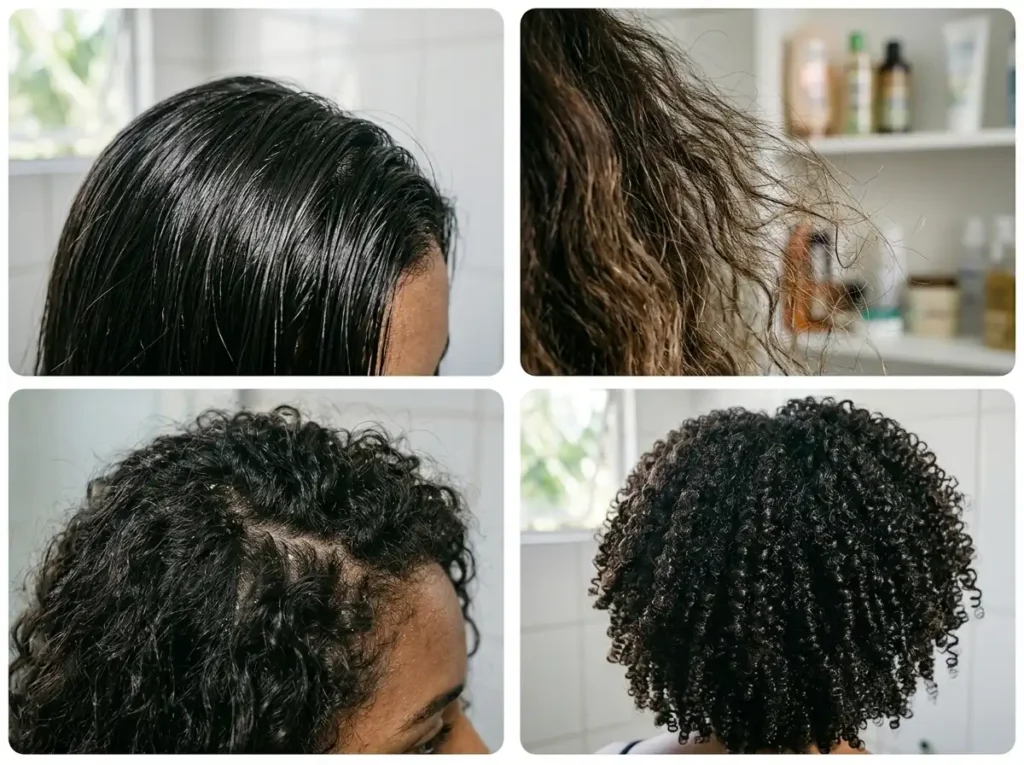 Close de diferentes tipos de cabelo (liso oleoso, seco, cacheado, crespo) mostrando sinais de oleosidade, ressecamento ou saúde, luz natural em banheiro brasileiro, representando diversidade e auto-observação na rotina capilar.