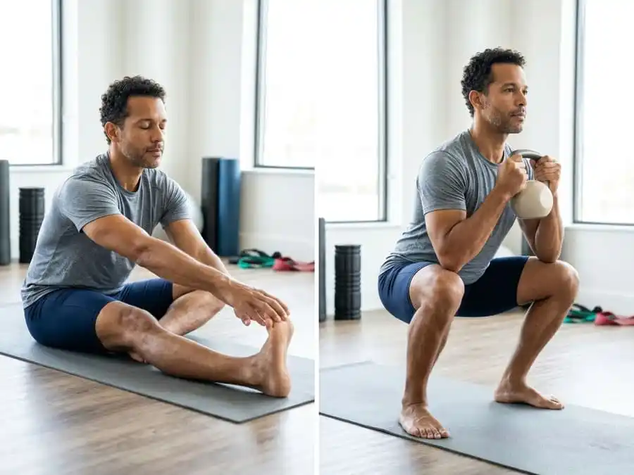 Comparação entre alongamento estático e exercício de mobilidade ativa, mostrando a diferença entre flexibilidade e controle articular.