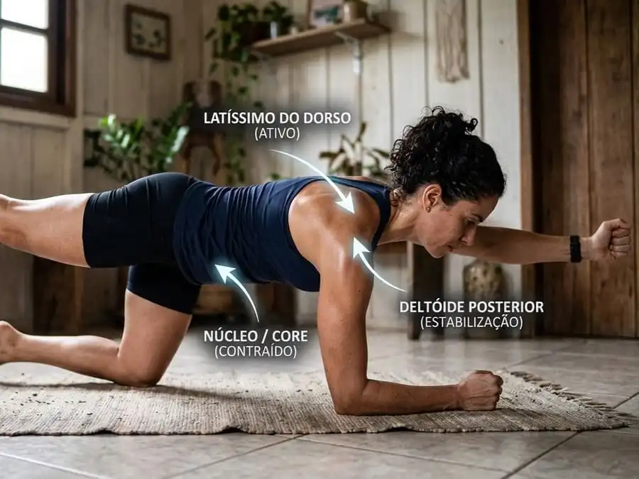 Close lateral de pessoa em prancha dinâmica (bird dog adaptado), abdômen contraído e extensão de braço/perna, luz natural destacando ativação de core, costas e braços, representando eficiência funcional do exercício de 1 minuto.