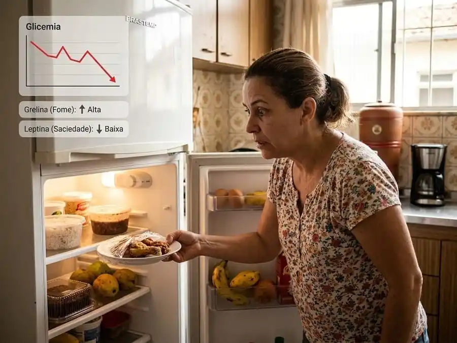 Pessoa abrindo geladeira com fome intensa, cozinha brasileira com luz natural, representando desregulação de grelina e leptina causada por fome ou sono insuficiente.