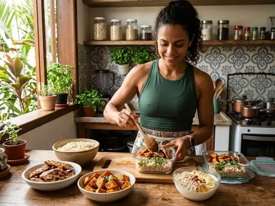 Pessoa preparando refeição com frango, arroz integral, batata-doce ou iogurte grego com aveia e banana, cozinha brasileira com luz natural, representando combinação de proteínas e carboidratos para ganho de massa muscular.