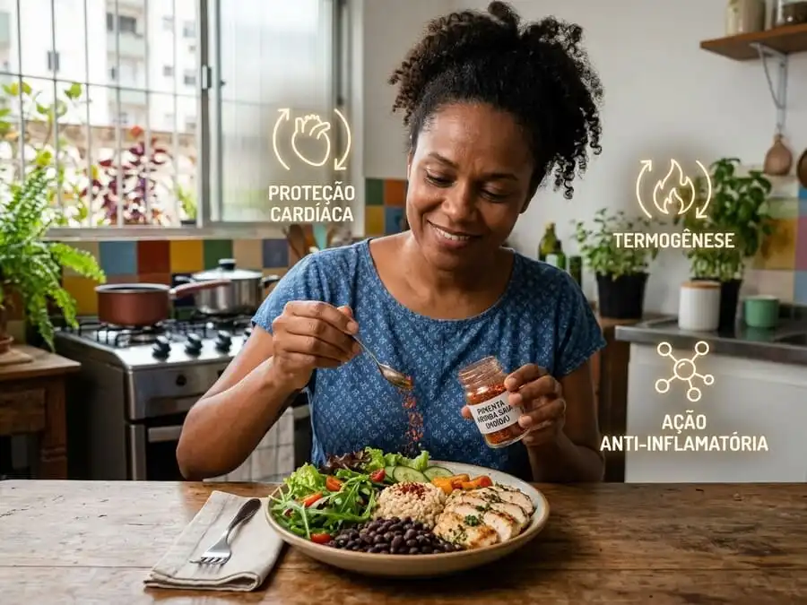 Pessoa adicionando pimenta malagueta ou pimenta-do-reino em prato saudável, fundo sutil com ícones de coração e termogênese, cozinha brasileira com luz natural, representando uso inteligente e benefícios científicos moderados.