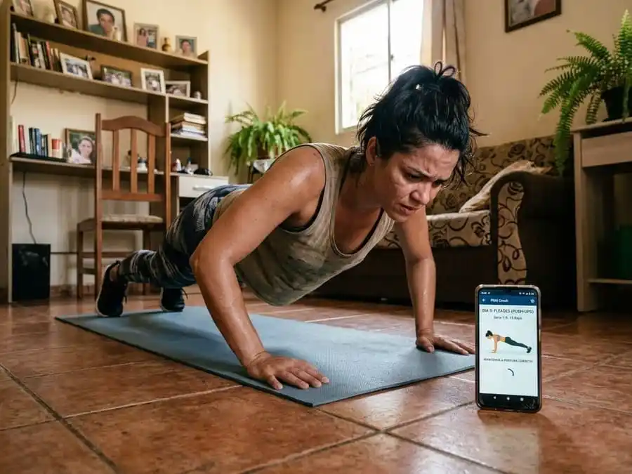 Pessoa fazendo exercício de treino gerado por IA com postura ou esforço questionável, celular ao lado mostrando o plano, sala/academia brasileira com luz natural, representando limites da IA na personalização segura.