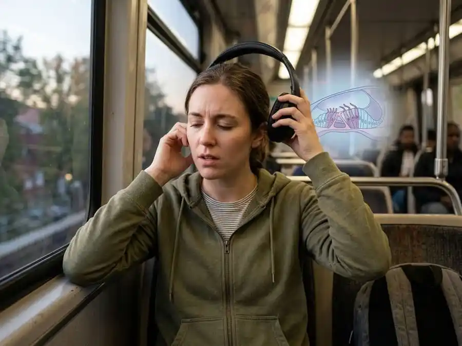 fones de ouvido fazem mal. Pessoa retirando fone de ouvido com alívio ou preocupação, sobreposição sutil da cóclea e células ciliadas, ambiente brasileiro, representando o dano auditivo causado por uso prolongado.