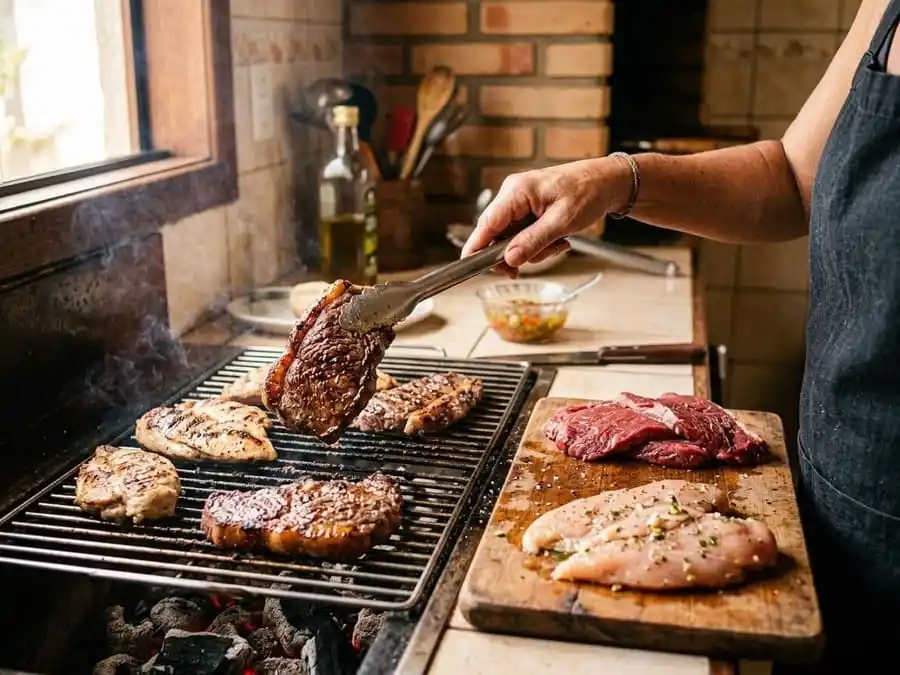Cortes magros de carnes sendo grelhados ou preparados na cozinha, focando em textura e aparência saudável, representando proteína na carne de boi, frango, peixe e porco.