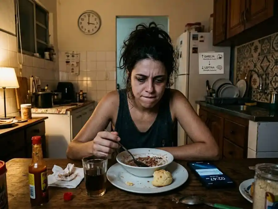 dormir pouco aumenta a fome. Pessoa com fome intensa à mesa, fundo sutil com hormônios da fome (grelina alta, leptina baixa), cozinha brasileira, representando desregulação hormonal causada por sono insuficiente.