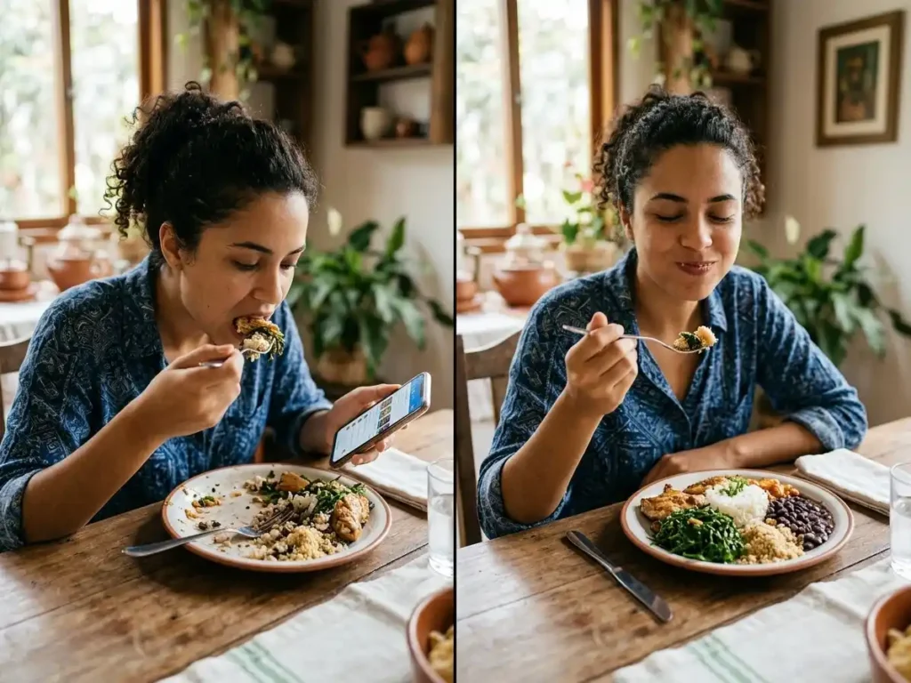 Comer rápido engana o cérebro e prejudica a digestão. Comer devagar regula o apetite e melhora a saúde.
