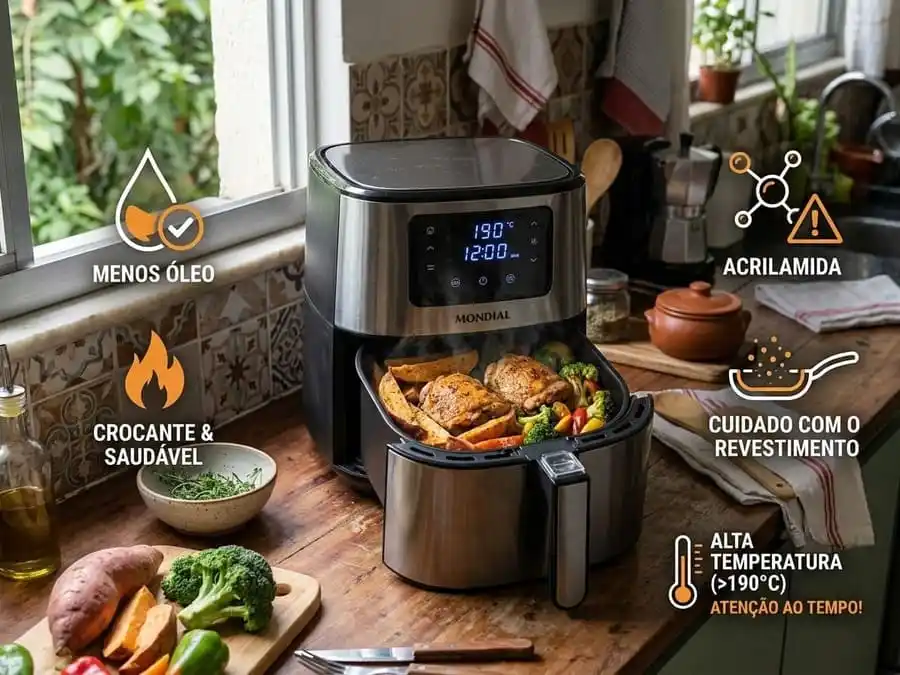 Air fryer com alimentos saudáveis e ícones sutis de benefícios (menos óleo) e riscos (acrilamida, PFAS), cozinha brasileira com luz natural, representando o uso consciente da fritadeira sem óleo.