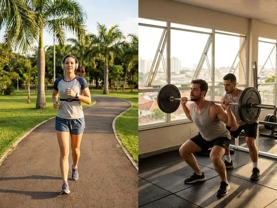 emagrecer ou ganhar músculos. Comparação lado a lado: treino aeróbico para emagrecer vs treino de força para hipertrofia, ambiente brasileiro com luz natural, ilustrando os desafios distintos de cada processo.