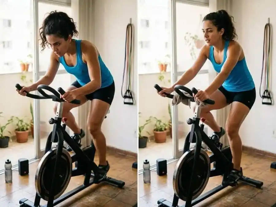 Pessoa alternando entre sprint intenso e recuperação leve na bicicleta ergométrica, ilustrando o treino intervalado de alta intensidade (HIIT) na bike.