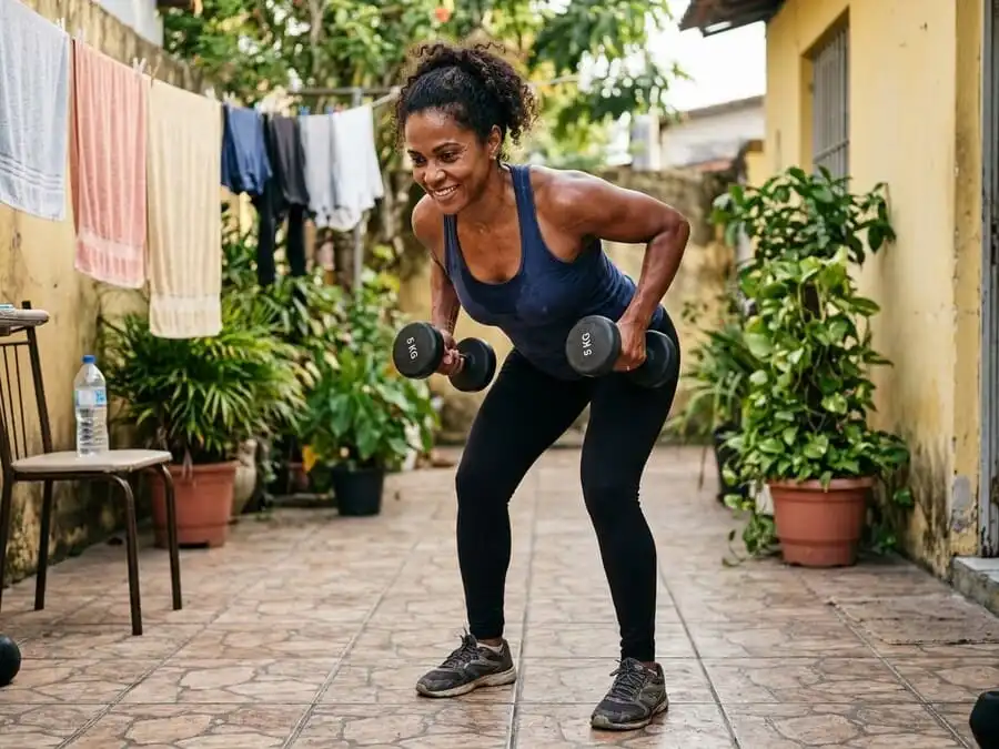 Pessoa praticando musculação leve, caminhando ou dormindo/preparando refeição proteica, casa brasileira com luz natural, representando fatores reais que aceleram o metabolismo (massa muscular, NEAT, sono, proteína).