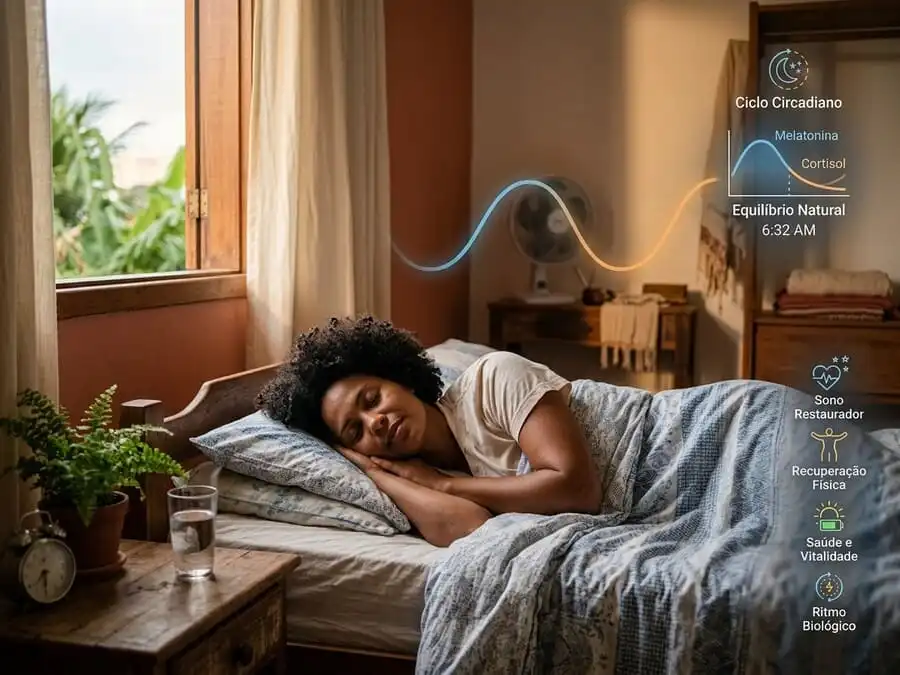 acordar cedo faz bem ou mal. Pessoa dormindo ou acordando serenamente com luz suave da manhã, quarto brasileiro, fundo sutil com ícones de ritmo circadiano, representando sono reparador e equilíbrio biológico vs privação forçada